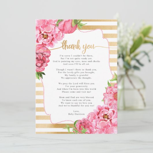 Pink Gold Peonies Baby shower bedankt Kaart (Staand voorkant)