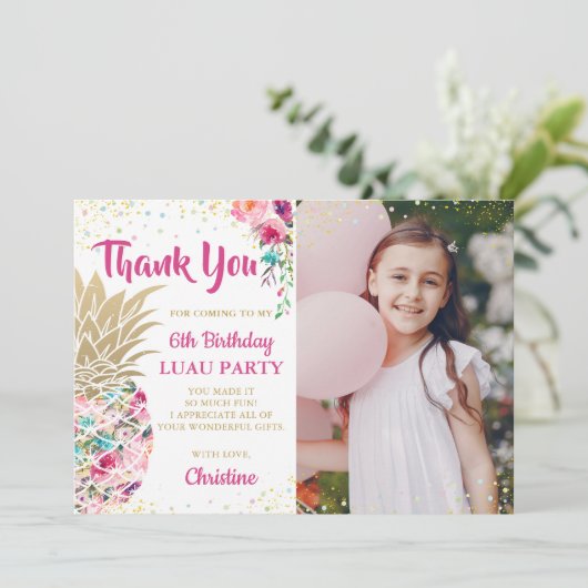 Pink Gold Pineapple Birthday Foto bedankt (Staand voorkant)