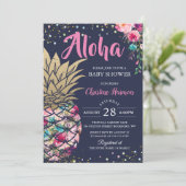 Pink Gold Pineapple Floral Navy Blue Baby shower Kaart (Staand voorkant)
