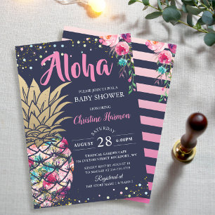Pink Gold Pineapple Floral Navy Blue Baby shower Kaart
