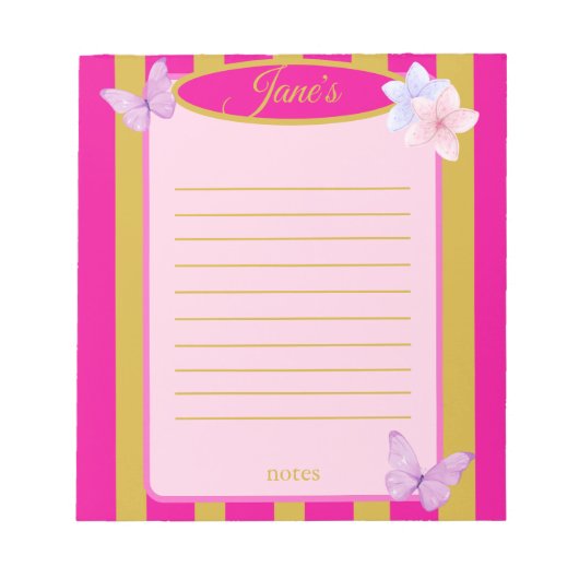 Pink & Gold Pinstripes Butterfly Floral  Notitieblok (Voorkant)