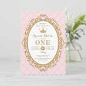 Pink Gold Princess 1st Birthday Party Crown Invite Kaart (Staand voorkant)