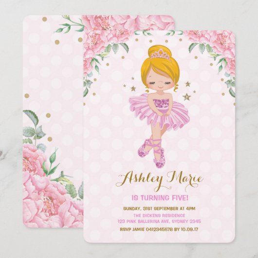 Pink Gold Princess Ballerina Tutu Birthday Invite Kaart (Voorkant / Achterkant)