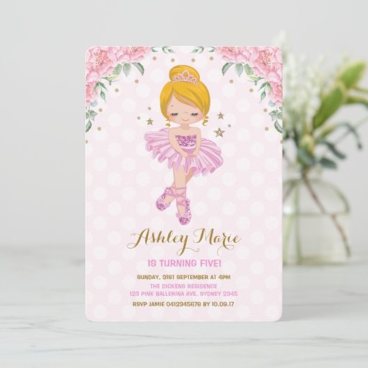 Pink Gold Princess Ballerina Tutu Birthday Invite Kaart (Staand voorkant)