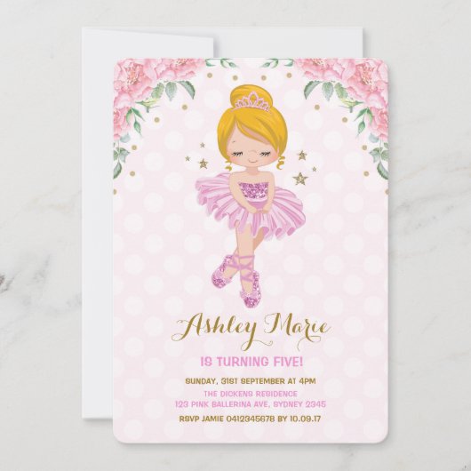 Pink Gold Princess Ballerina Tutu Birthday Invite Kaart (Voorkant)