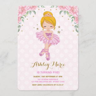Pink Gold Princess Ballerina Tutu Birthday Invite Kaart