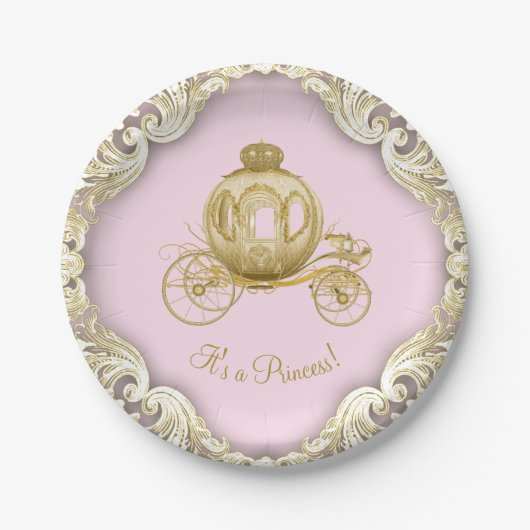 Pink Gold Princess Carriage Girl Baby shower Papieren Bordje (Voorkant)