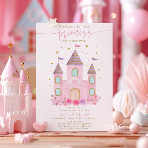 Pink Gold Princess Castle Baby shower Kaart
