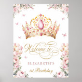Pink Gold Princess Crown 1st Birthday Welcome Poster (Voorkant)