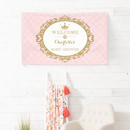Pink Gold Princess Crown Baby shower Welkom Spandoek (Insitu)