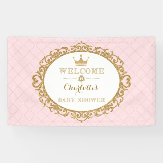 Pink Gold Princess Crown Baby shower Welkom Spandoek (Horizontaal)