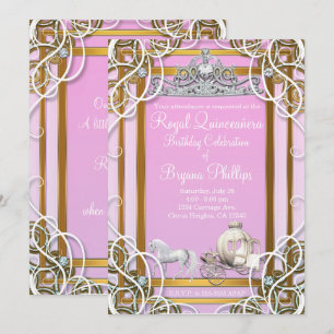 Pink Gold Princess Crown & Carriage Quinceañera Kaart