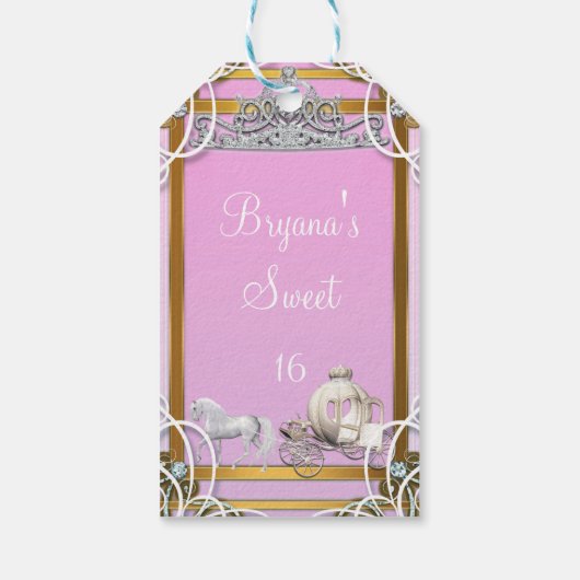 Pink Gold Princess Crown & Carriage Sweet 16 Party Cadeaulabel (Achterkant)