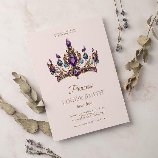 Pink Gold Princess Crown Fairytale Birthday Party Kaart