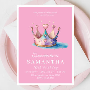 Pink Gold Princess Crown Fairytale Birthday Party Kaart