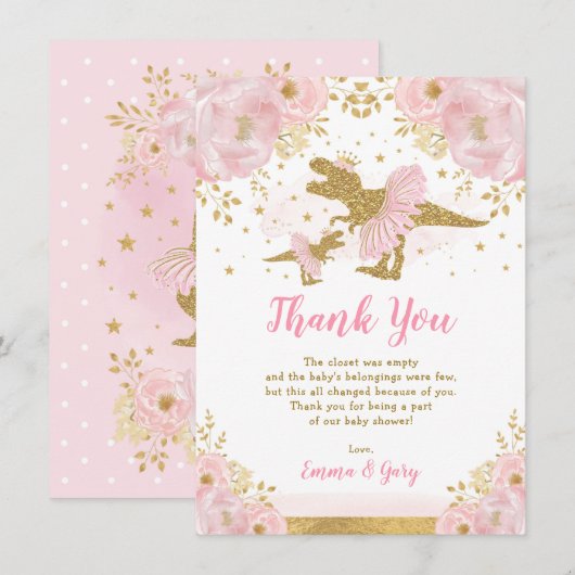 Pink Gold Princess Dinosaur Tutu Tiara Baby Girl Bedankkaart (Voorkant / Achterkant)