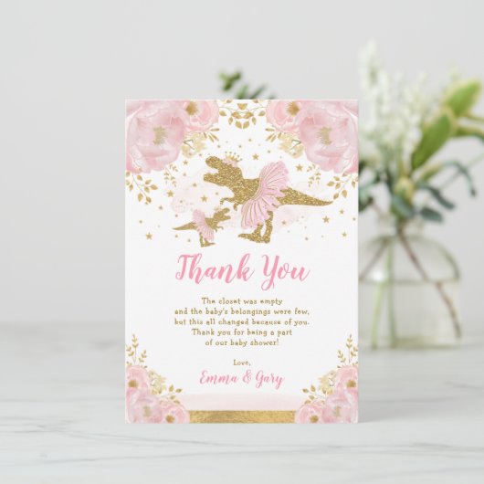 Pink Gold Princess Dinosaur Tutu Tiara Baby Girl Bedankkaart (Staand voorkant)