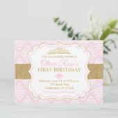 Pink & Gold Princess First Birthday Kaart (Staand voorkant)