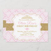 Pink & Gold Princess First Birthday Kaart (Voorkant / Achterkant)