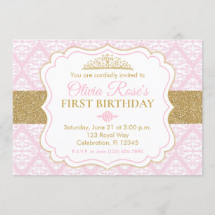 Pink & Gold Princess First Birthday Kaart