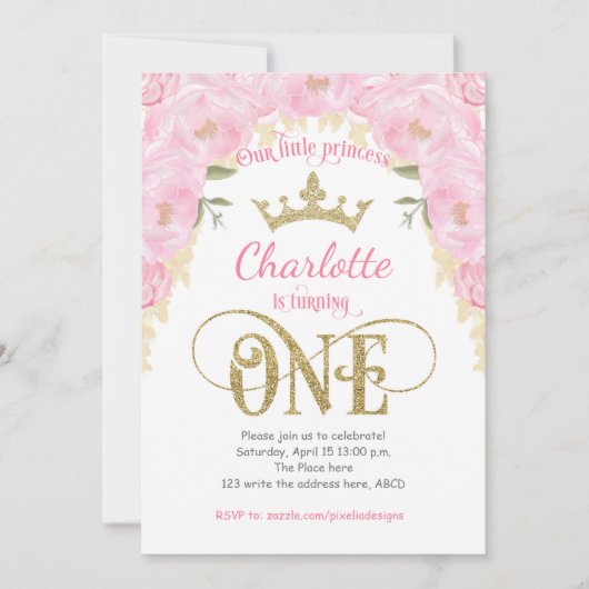 Pink Gold Princess Floral 1ste verjaardag Kaart (Voorkant)