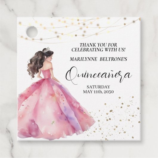 Pink Gold Princess Quinceañera Bedankjes Labels (Voorkant)
