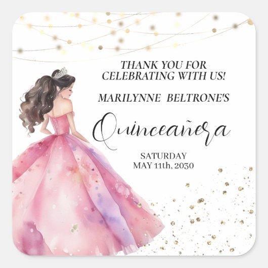 Pink Gold Princess Quinceañera Vierkante Sticker (Voorkant)