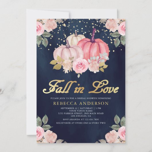 Pink Gold Pumpkin Floral Navy Blue Vrijgezellenfee Kaart (Voorkant)