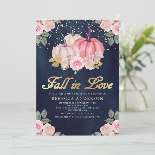 Pink Gold Pumpkin Floral Navy Blue Vrijgezellenfee Kaart (Staand voorkant)