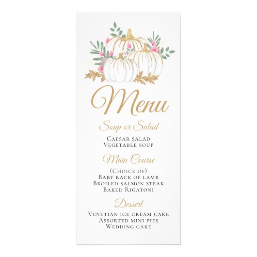 Pink Gold Pumpkin Thanksgiving Fall Weddenmenu Reclamekaart (Voorkant)