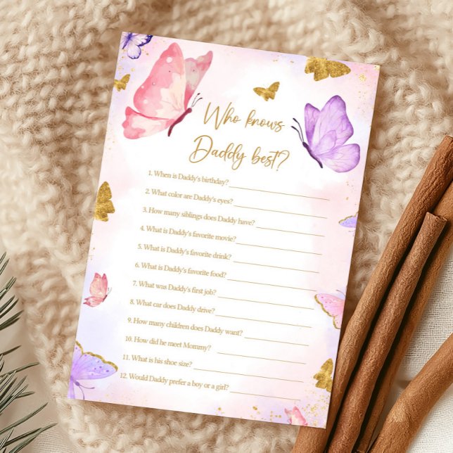 Pink Gold Purple Butterfly Shower Who knows Game (Butterfly Baby Shower Game)