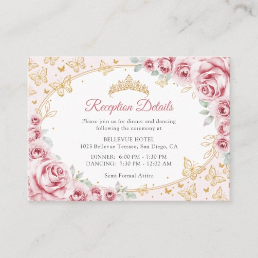 Pink Gold Quinceanera Reception Details Informatiekaartje (Voorkant)