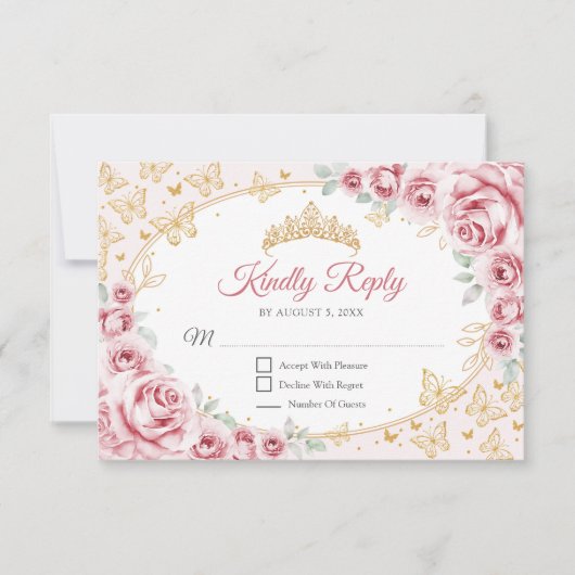 Pink Gold Quinceanera Reply RSVP Kaartje (Voorkant)