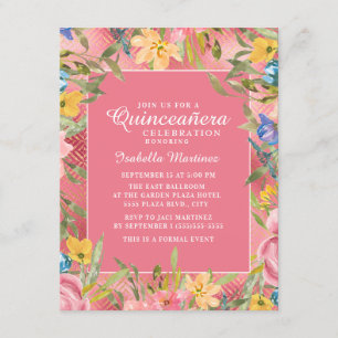 Pink Gold Quinceañera Yellow Blue Floral Kaart