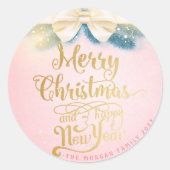 Pink Gold Ribbon Happy Nieuwjaarsgroet Ronde Sticker (Voorkant)
