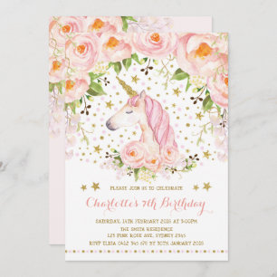 Pink Gold Rozen Floral Unicorn Birthday Party Kaart