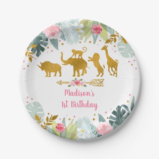 Pink Gold Safari Animal Greenery Birthday Papieren Bordje (Voorkant)