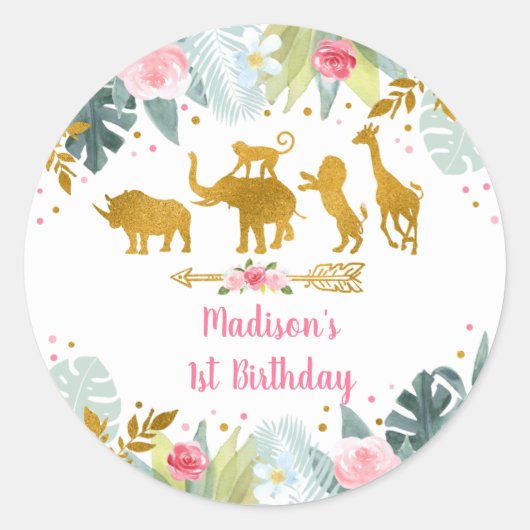 Pink Gold Safari Greenery Birthday Ronde Sticker (Voorkant)