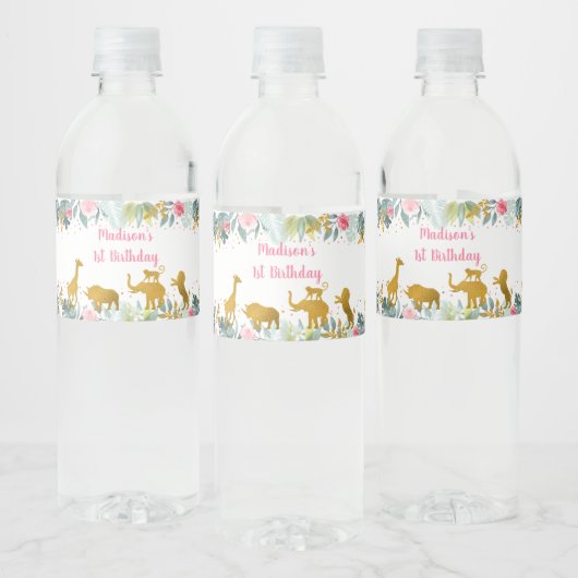 Pink Gold Safari Greenery Birthday Waterfles Etiket (Flessen)