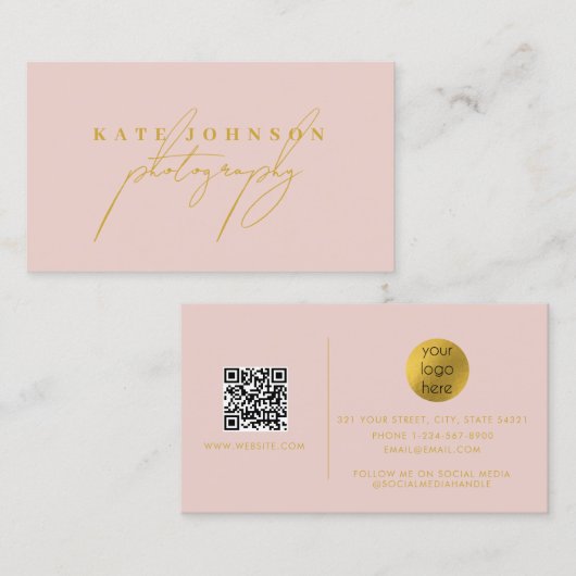 Pink Gold Signature Script QR Code Social Media Visitekaartje (Voorkant / Achterkant)