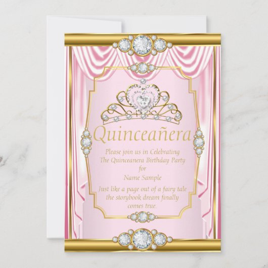 Pink Gold Silk Princess Quinceanera Blush Invite Kaart (Voorkant)