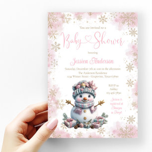 Pink Gold Snowflake Snowman Baby shower Kaart