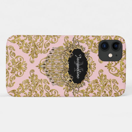 Pink Gold Sparkle Damask Elegant Glitter Case-Mate iPhone Case (Achterkant (horizontaal))