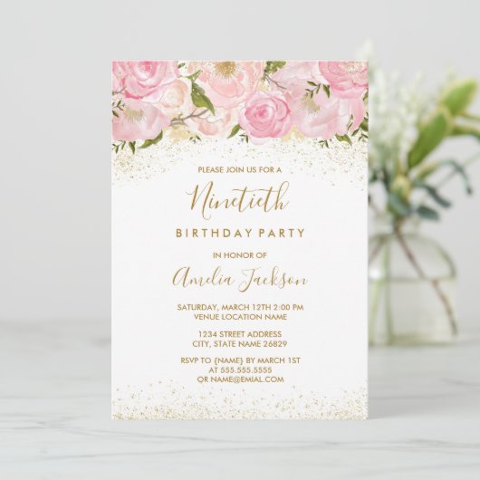 Pink Gold Sparkle Roos 90e verjaardag Kaart (Staand voorkant)