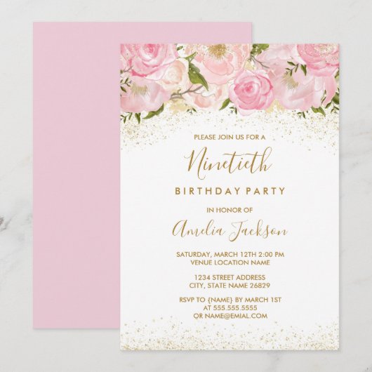 Pink Gold Sparkle Roos 90e verjaardag Kaart (Voorkant / Achterkant)