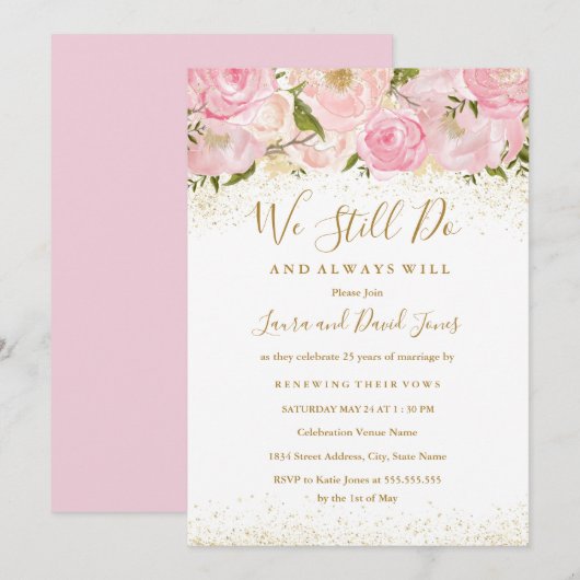 Pink Gold Sparkle Roos Wedding Vow Vernieuwing Kaart (Voorkant / Achterkant)
