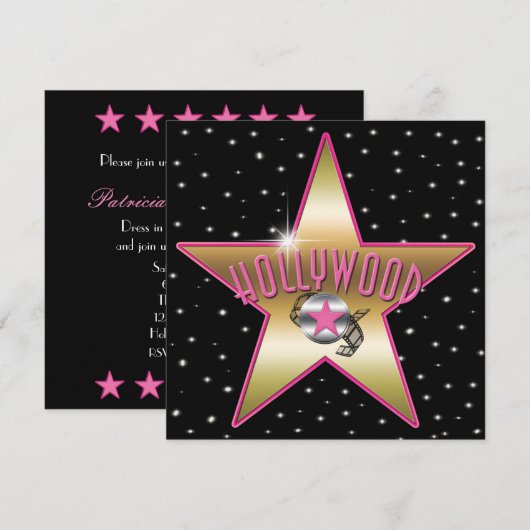 Pink & Gold Star Hollywood Sparkle Uitnodiging (Voorkant / Achterkant)