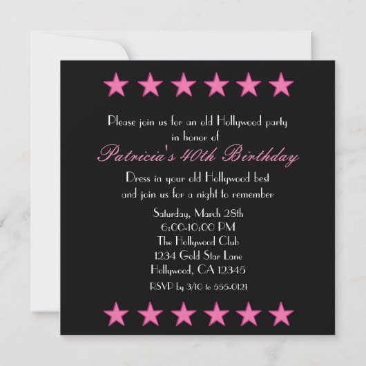 Pink & Gold Star Hollywood Sparkle Uitnodiging (Achterkant)