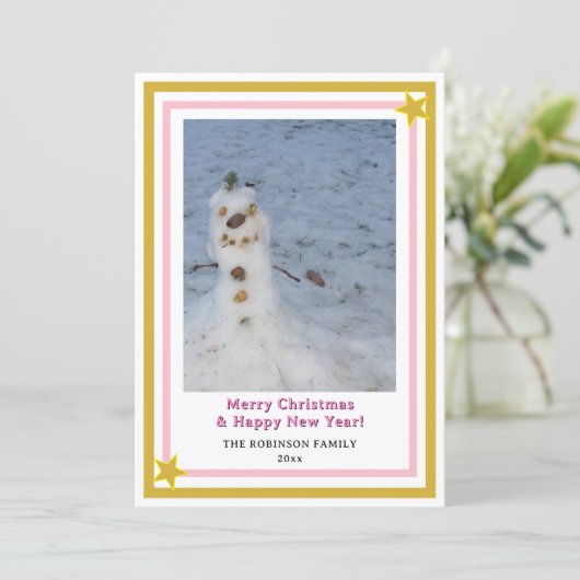 Pink Gold Stars Little Snowman INSERT PHOTO Feestdagenkaart (Staand voorkant)