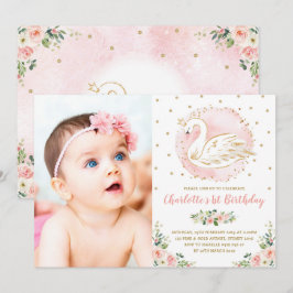 Pink Gold Swan Princess Floral Birthday Party Kaart